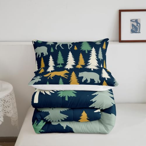Image of Feelyou Moose Fox Comforter Set Queen Size Soft Kids Nature Woodland Wild Animal Bedding Set with Pillow Case Farmhouse Bear Bathroom Lightweight Breathable Comforter