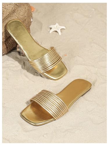 Image of GORGLITTER Women's Gold Flat Sandals Strappy Square Open Toe Metallic Summer Slides Dressy 2026 Trendy