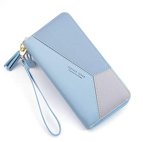 Ladies Purse Wallet PU Leather Long Women Wallet Card Holder Organiser Wallet Wristlet Clutch Wallet with Zipper Pocket Coin Purse Phone Wallet with Tassel and Pendant (Blue)-image-2