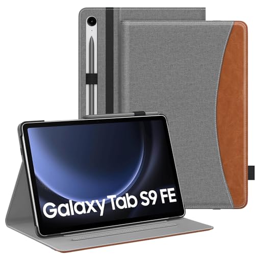 Image of MoKo Case for Samsung Galaxy Tab S9 FE 5G 10.9-Inch 2023, Multi-Angle Stand Case Cover for Galaxy Tab S9 FE (SM-X510 /SM-X516 /SM-X518) with S Pen Holder, Auto Wake /Sleep, Front Pocket,Denim Grey&Brown