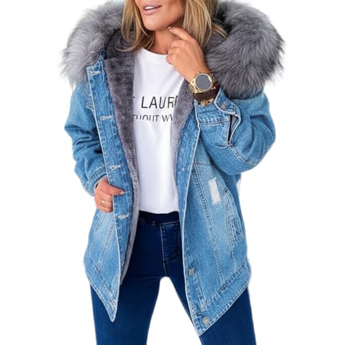 Juankrynord Veste en jean chaude à manches longues pour femme manteau de fête en plein air col en fourrure rétro, doublure polaire veste en jean épaisse et...