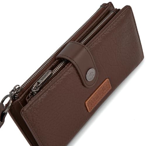 Image of Montana West X Wrangler Brown Wristlet Wallet Minimalist Clutch Womens Wallet Rfid Card Cases & Money Organizers with Coin Purse and Smooth Zipper