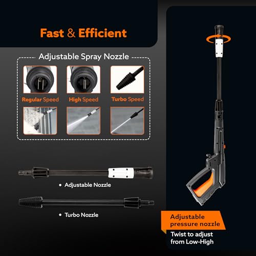 Image of AGARO Royal High Pressure washer, 1800 Watts Motor, 140 Bars, 7L /Min Flow Rate, 5 Meters Outlet Hose, Upright Design With Wheel, For Car, Bike and Home Cleaning Purpose, Turbo Nozzle, Black and Orange
