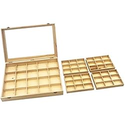 Cajones De Madera Con Divisiones Acan Caja de Madera, 56 Compartimentos en 2 Niveles, Tapa con Cristal 7,8 x 44,8 x 29,8 cm, 4 bandejas Removibles, Expositor Joyas, Organizador, joyero, Collares, brazaletes, Pendientes, Relojes