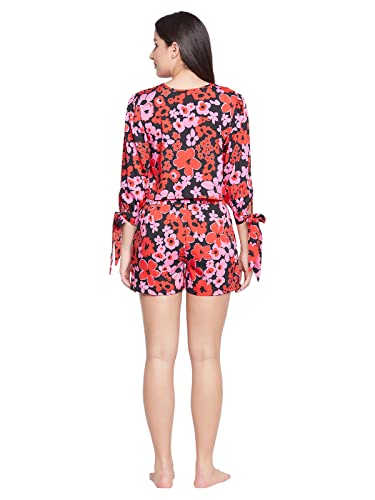 Image of Clovia Women's Crepe Floral Printed Top & Shorts Set - Red