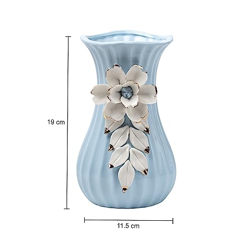 Image of Market99 Blue Ceramic Curvy Vase | Engraved Floral Pattern Flower Holder | Stylish, Handcrafted Vase for Flowers, Indoor Centerpieces, and Office Decor Idea for Housewarmings, Weddings