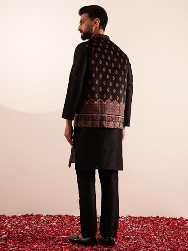 Image of SOJANYA Men's Silk Blend Black Kurta and Pyjama With Paisley Design Velvet Nehru Jacket