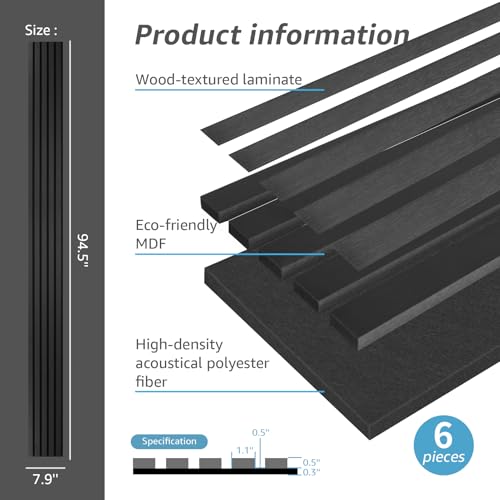 Image of Art3d 6-Pack Soundproof Wood Slat Wall Panel, 94.5 x 7.9 in, Matte Black