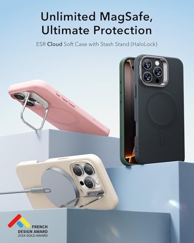 Image of ESR for iPhone 16 Pro Case, Silicone Case with Stand, Compatible with MagSafe, Military-Grade Protection, Built-in Camera Stash Stand, Magnetic Phone Case for iPhone 16 Pro, Cloud Series, Black