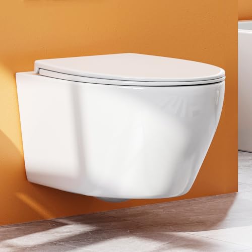 Hänge WC Toilette aus Keramik mit Toilettendeckel mit Absenkautomatik - Wand WC Spülrandlos mit Einloch-Superspin-Spülung - Toilettenschüssel Weiß mit Nano Beschichtung