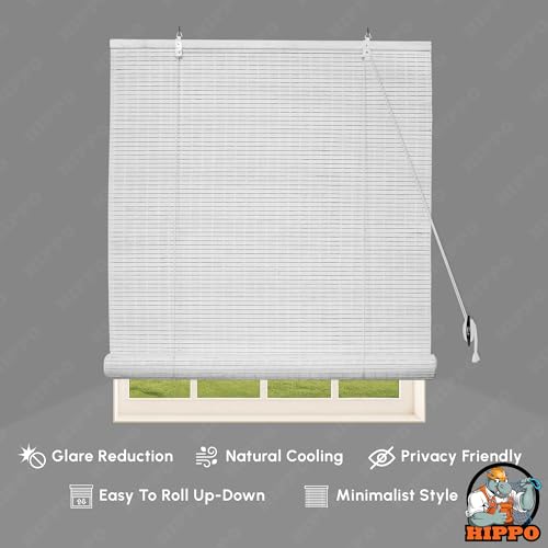 Image of HIPPO Bamboo Curtains - W-4 FT X H-7 FT Rope Mechanism Roll Up Down Indoor Bamboo Shade for Sun & Dust Protection for Home Window, Balcony, Restaurant, Hotel, Resort (White)