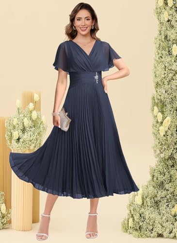 Women's Short Sleeves Mother of The Bride Dresses 2025 Ruffles Chiffon Pleated Formal Party Dress DE2343