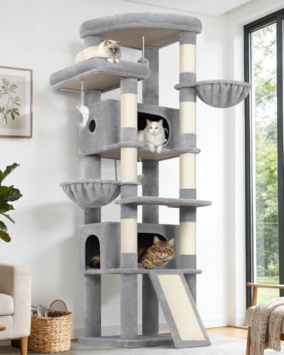 Image of Globlazer Extra Large Heavy Duty Cat Tree, 80in Tall Sturdy Cat Tree Tower for Multiple Indoor Cats Large Adult with Scratching Posts, 2 Spacious Condos with Padding, 2 Soft Perches, S80C, Light Grey