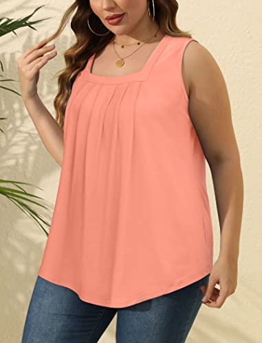 Image of Saloogoe Summer Tank Tops for Women Loose Fit Pleated Square Neck Sleeveless Tops Curved Hem Flowy