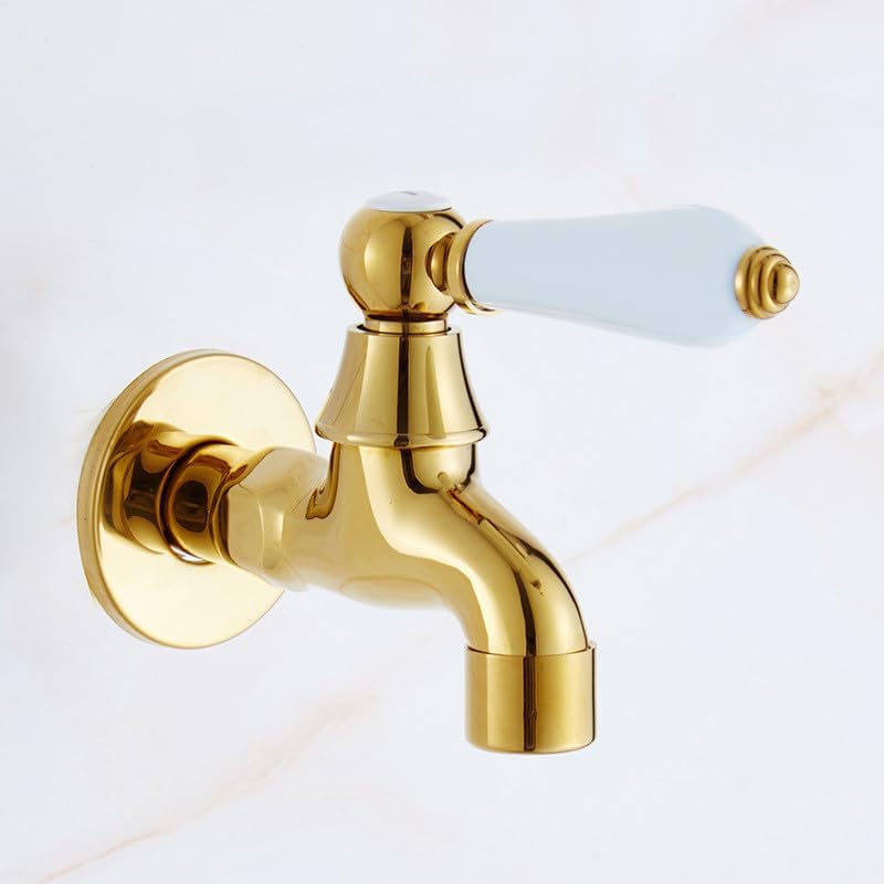 Gold Short Brass Bibcock: Wall-Mounted Cold Water Spout, Polished Utility Fit for Washer, Mop Sink, Garden & Outdoor(Gold long B)