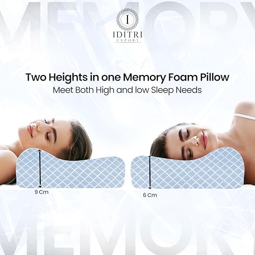 Image of Orthopedic Memory Foam Pillow with 9 cm and 12 cm Heights, Cervical Contour for Neck and Shoulder Relief, Breathable Jacquard Cover, Sky, 60 x 35 cm Ergonomic Bedding Sleep Aid Support