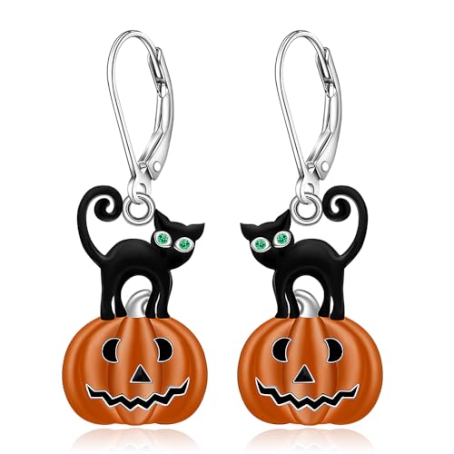 Halloween Gifts for Women Halloween Earrings for Women Pumpkin Black Cat Earrings Sterling Silver Cat Pumpkin Earring Dangle Leverback Lover Gifts