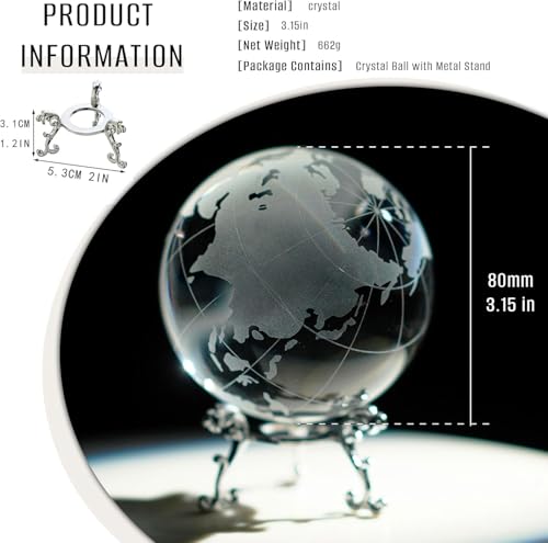 Image of 3.15in Crystal Earth Globe with Stand Glass World Globe Paperweight | Premium K9 crystal Includes metal stand Ready for desk office bookshelf and home display