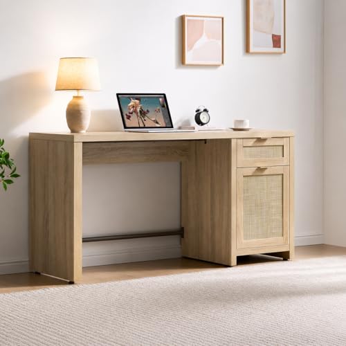 Image of SICOTAS 59 inch Rattan Computer Desk Wood Desk, Home Office Desk with Drawer | Large Boho Farmhouse Writing Table Vanity Desk with Cabinet for Office, Study, Living Room, Dining Room