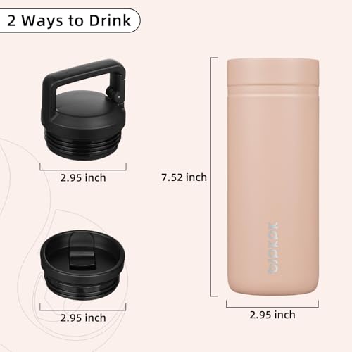 Image of BJPKPK 20 oz Insulated Travel Water Bottle, Coffee Tumbler Stainless Steel | Double Wall Vacuum, Leakproof, Thermal, Keeps Hot /Cold, BPA Free, Dishwasher Safe, Spill Proof, Wide Mouth, 2 Lids, Peach