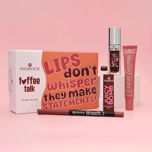 essence toffee talk brown lip set 01 Pout Au Chocolat, set con delineador, aceite, bálsamo y tratamiento para labios marrones mates o brillantes