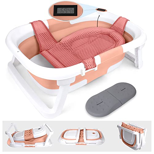 BEBELEH™ Collapsible Baby Bathtub with Thermometer – Bathtub + Baby tub Cushion + Baby Bath tub Kneeler – Durable Baby Bathtub Newborn to Toddler 0-24 Months (Baby tub with Thermometer,Pink)
