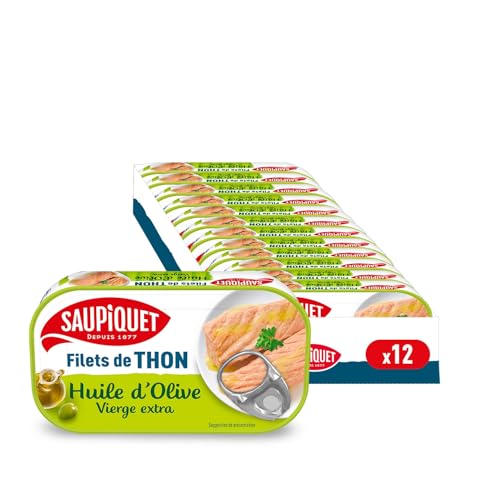 SAUPIQUET - Filets de Thon à l'Huile d'Olive - Découpés à la Main - Issus d'une Pêche Traçabilité Garantie - 12 Conserves (115 g)