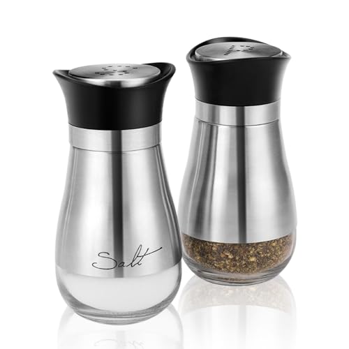 Flexzion Modern Salt and Pepper Shakers Set, Glass Canister Dispenser with Stainless Steel Sleeve and Black Lid for Spices, Sea/Kosher/Himalayan Salts and Pepper - Silver (Set of 2)