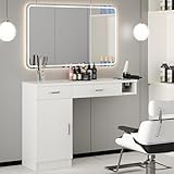 4ever2buy Salon Stations for Hair Stylist, Wall Mount Barber Station with Barber Cabinet, Hair Station Equipment Hair Dryer Holder, Drawers, Mirror not Included, White