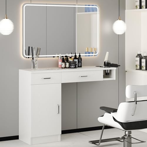 4ever2buy Salon Stations for Hair Stylist, Wall Mount Barber Station with Barber Cabinet, Hair Station Equipment Hair Dryer Holder, Drawers, Mirror not Included, White
