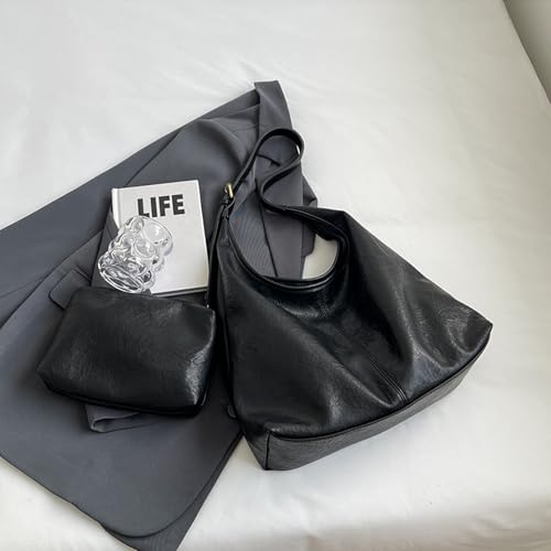 Image of Hobo Bags for Women Tote Bag Retro PU Leather Shoulder Handbags Slouchy Crossbody Hobo Purses 2PCS