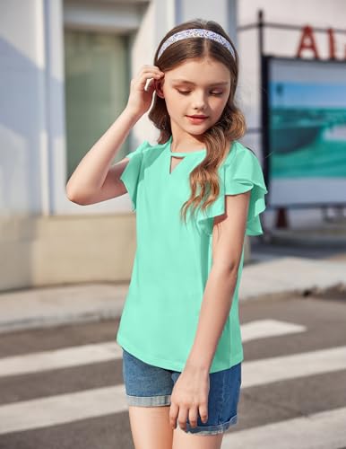 Image of Arshiner Girls Shirts Short Sleeve Tee Ruffle Solid Summer Keyhole Neck Cotton Blouse Tops