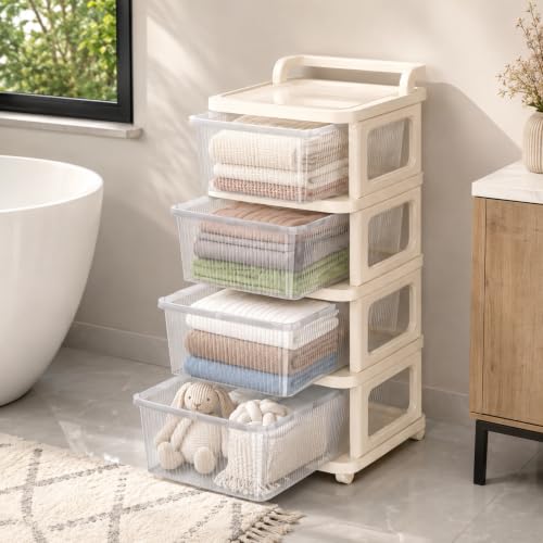 Image of Heavy Duty Plastic Storage Drawer with Wheels | Modular Cabinet for Bedroom, Office, Home or Classroom| Chest of Drawers Organiser for Cosmetics, Kitchen items, Toys (White Transparent, 4)