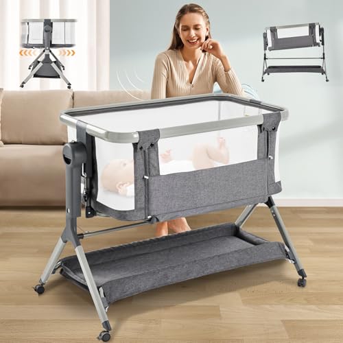 Image of Aimsnk 3 in 1 Baby Bassinet,Rocking Bassinet,Bedside Bassinet with Wheels and Adjustable Height,Bedside Sleeper with Breathable Mesh and Mattress,Baby Crib for Newborn (Gray)