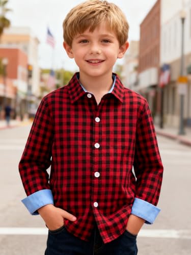 Image of Size 5-10 Years Boys' Long Sleeve Buffalo Plaid Button-Down Shirt Fall Thin Outfits Kids Clothes