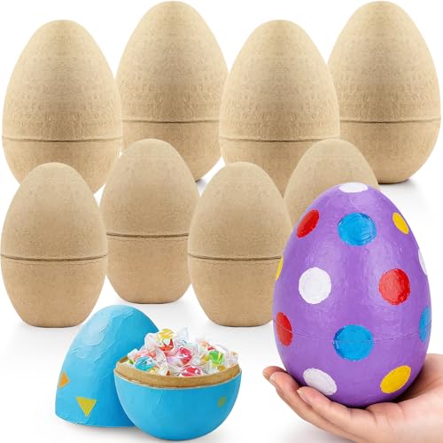 8 Pcs Large Paper Mache Easter Eggs for Crafts Fillable Paper Eggs Empty Paint Set Paint Your Own Eggs for Easter DIY Painting Craft Supplies Egg Hunt Basket Fillers