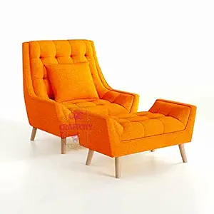 CRAFTCITY|Armchair with Footstool Chair with Solid Wood Legs for Living Room Bedroom |Single Seater Sofa Armchair |Luxury Chair (Orange)
