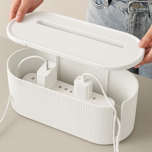 Image of Soko Cable Management Box with Mobile Stand | Cords Hider & Surge Protector | Concealer for Power Strips, Router, TV, Gadget Wires Storage Organizer Tray for Desk, Table - Home, Office - White