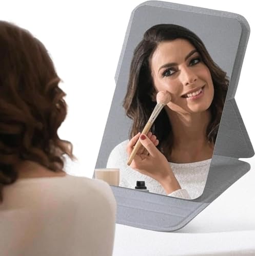 Image of Foldable Travel Mirror, Portable Pocket Makeup Mirror with Stand, Compact Handheld Vanity Mirror for Purse, Desk & Travel Use (7x11cm) (Grey)