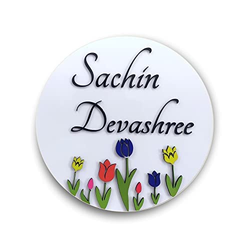 Image of ZOCI VOCI Personalized Name Plate for Home Entrance Outdoor - Acrylic Body, Waterproof | Designer Door Plates for Flat, Bungalow & Apartment - Customized (10 INCH DIA, Tulip Garden)
