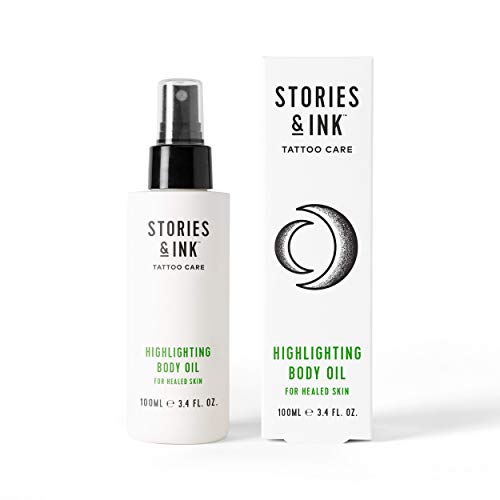 Stories & Ink Tattoo Care - Highlighting Body Oil - Freshens Up Faded Tattoos, Reduces Scarring & Skin Roughness, Boost of Brightness To Your Ink - 100% Vegan & Cruelty Free Made in UK - 3.4 FL. OZ