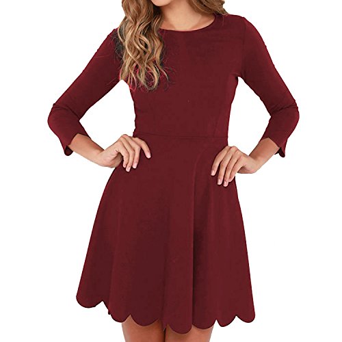 SUNNOW Women's O-Neck 3/4 Sleeve Pleated Tunic Wavy Skater Dress (S, Wine Red)