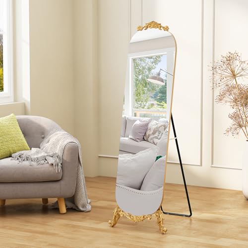 Image of Arched Full Length Mirror, 62 inchX20 inch Vintage Floor Mirror, Baroque Full Body Mirrors with Art Carved, Free Standing Leaning or Wall-Mounted Mirrors for Bedroom, Living Room, Entryway,Gold