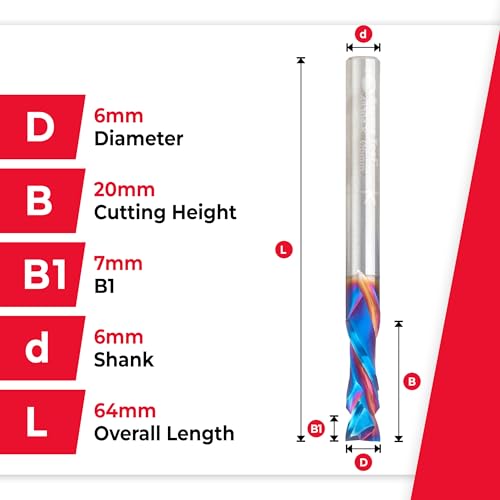 Image of Amana Tool Spektra Extreme Tool Life Coated Solid Carbide CNC Compression Spiral Router Bit, 48304-K, 6mm D x 20mm CH x 6mm Shank x 64mm Long