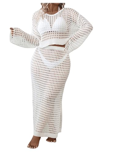 GORGLITTER Women's Plus Size 2 Piece Crochet Cover Ups Long Sleeve Knitted Hollow Out Skirt Set Beachwear3