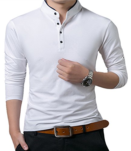 KUYIGO Menâ€™s Casual Slim Fit Shirts Long Sleeve Polo Shirts Cotton Shirts White Large