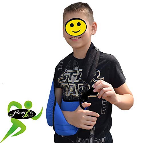 Soporte pediátrico para el hombro del brazo del brazo, Aprobado médicamente, fresco, Ajuste/tamaño fácil, Pulgar, Etiqueta adhesiva de curación feliz. Unisexo. (8-9 años, Azul)