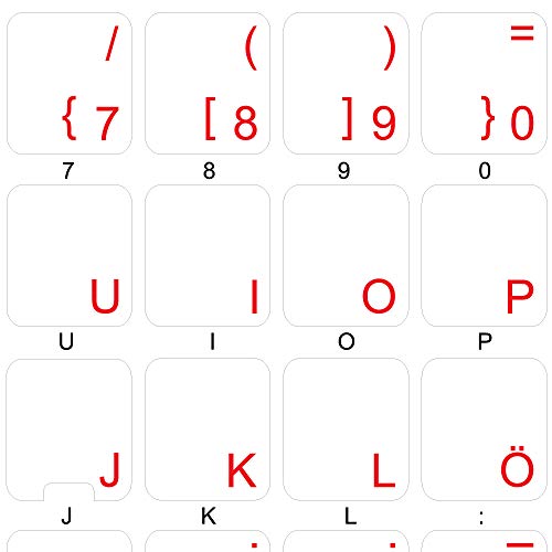 German Keyboard Stickers with RED Lettering ON Transparent Background
