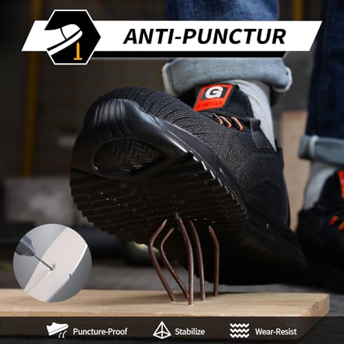 Image of GLANOUDUN Steel Toe Work Shoes for Men, Lightweight Black Work Shoes with Puncture Resistant Midsole, Comfortable Safety Footwear for Warehouse Construction