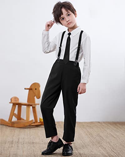 Sangtree Boys Gentleman Clothes, Long Sleeves Button Down Dress Shirt With Tie + Suspender Pants Set School Uniform Outfits, Zlt# Tie White + Black, 4-5T = Tag 130 #TOP1